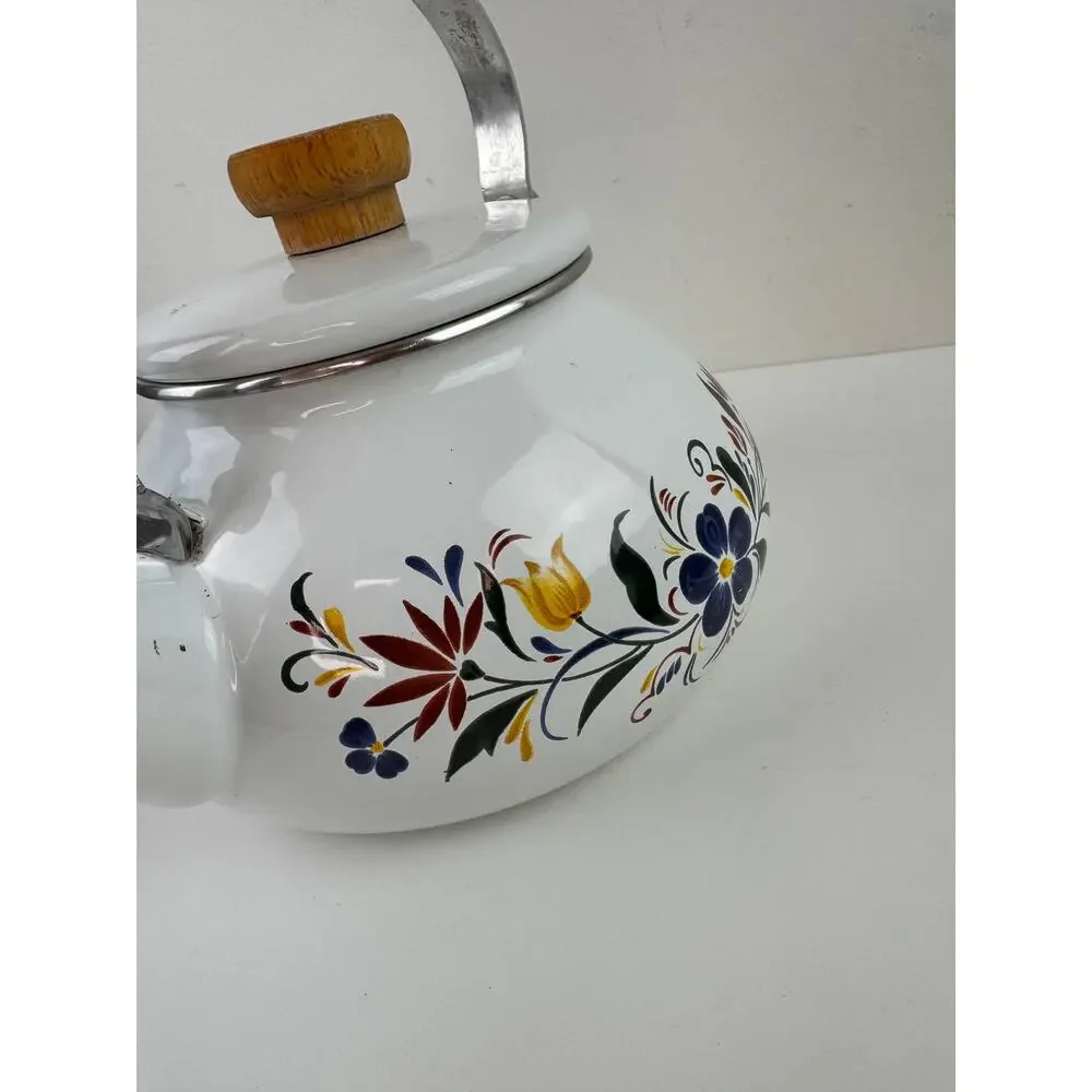 Vintage Master Cuisine Kettle White Tea Pot Floral Stainless Steel Wooden Handle